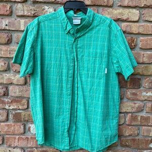 COLUMBIA MENS SHORT SLEEVE BUTTON DOWN POCKET SHIRT GUC GREEN PLAID XL